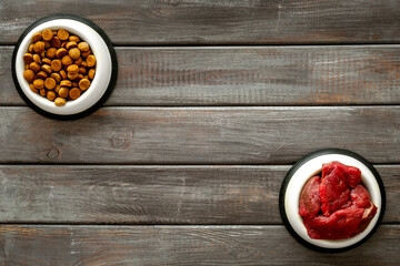 Pet food in bowls - meat and dry food, top view