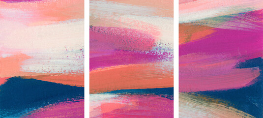 Three minimalist artist-made paintings. Colourful abstract texture. Versatile artistic image for creative design projects: posters, banners, websites, covers, cards, magazines, prints and wallpapers.