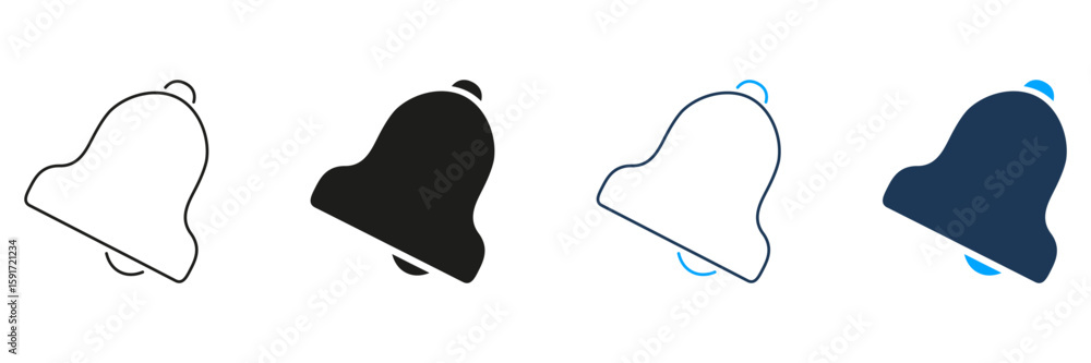 Poster notification bell line and solid icon set. alert and reminder symbol collection for user interface d