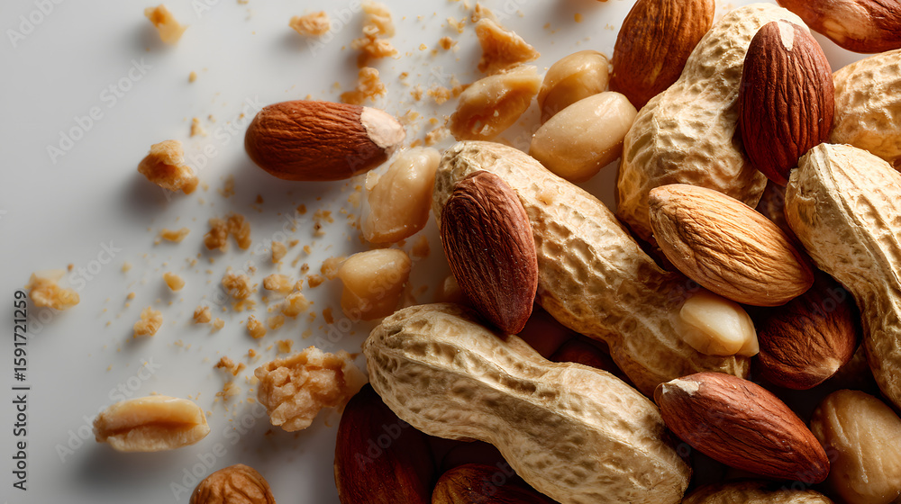 Poster pile of peanuts and almonds on a white background. the peanuts are scattered all over the almonds, c
