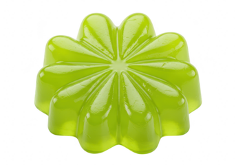 A translucent green jelly dessert, shaped like a flower with eight petals, isolated on a transparent background
