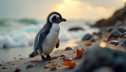 Fototapeta premium A cute penguin standing on the snow-covered shore, looking at the ocean at sunset, with a peaceful atmosphere, 4k HD image.