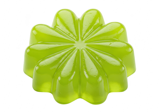 A translucent green jelly dessert, shaped like a flower with eight petals, isolated on a transparent background