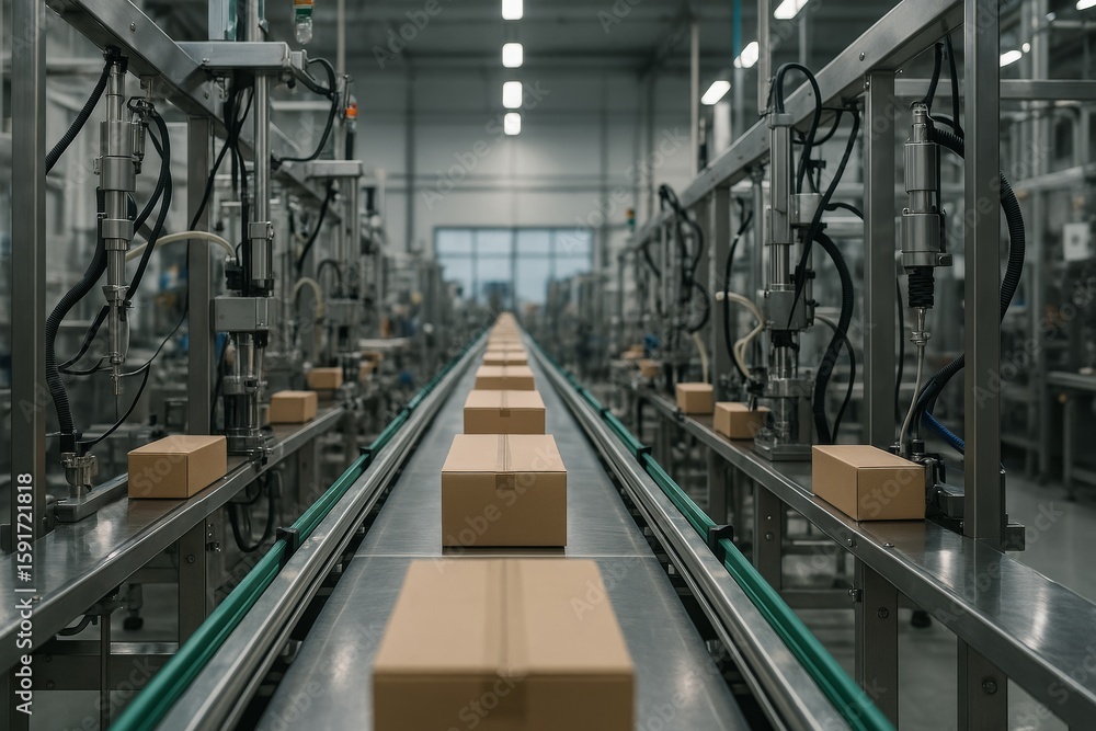 Poster realistic production line with simple box items in factory setting