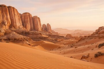 Naklejka premium Desert Landscape at Sunset: A majestic panoramic vista unfolds as the sun dips below the horizon. Sandstone formations are the focal point.