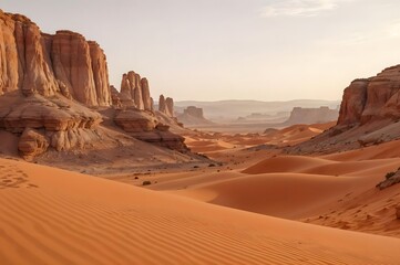 Fototapeta premium Desert Vista: An expansive panorama of a arid desert landscape showcasing towering rock formations and vast sand dunes under a warm, hazy sky. 