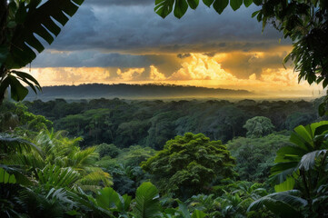 Tropical rainforest in under stormy clouds