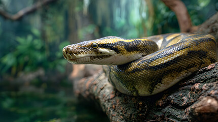 Anaconda coiled around a tree, jungle background, imposing and powerful