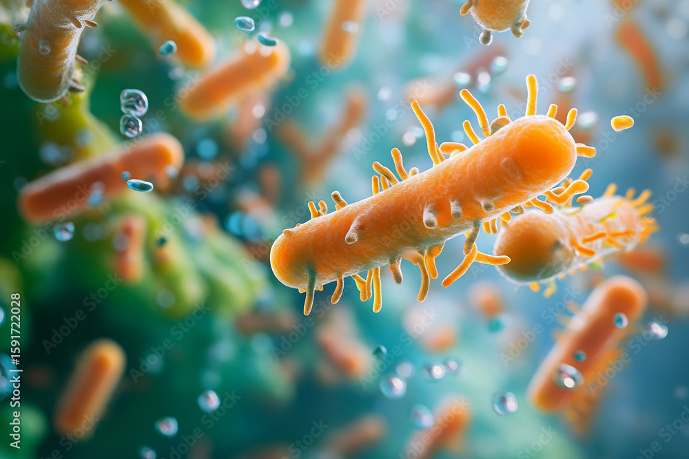 Poster generative ai illustration of microscopic bacterial forms showcasing vivid molecular structures and 
