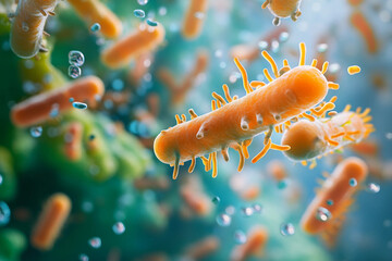 Generative AI illustration of microscopic bacterial forms showcasing vivid molecular structures and glowing effects