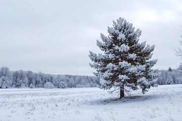 Obraz premium Snow-Kissed Pine Tree in a Winter Wonderland: A serene winter landscape showcases a majestic pine tree, delicately adorned with a layer of frost against a backdrop of a snowy meadow and overcast sky.