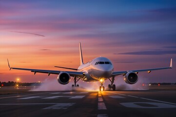 Obraz premium Aviation's Grand Entrance: An airliner elegantly touches down on the runway amidst a vibrant sunset, the scene bathed in the warm embrace of the evening light, embodying a sense of travel