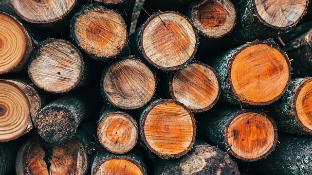 Stacked logs, close-up view of wood textures