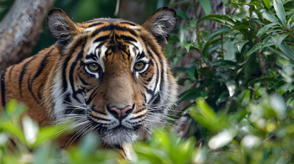 Fototapeta premium Bengal Tiger crouched in the jungle, focused gaze, green foliage