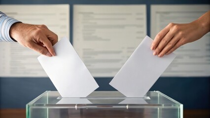 Two hands casting votes into a transparent ballot box during an election process.