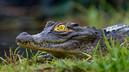 Naklejka premium Caiman resting on a riverbank, intense yellow eyes, natural swamp environment