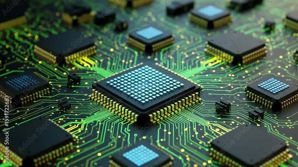 Poster a detailed view of a circuit board with microchips, representing modern technology and digital syste