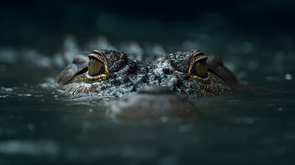 Crocodile lurking in murky swamp waters, intense stare, ominous setting