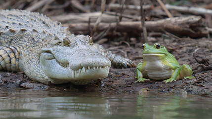 Fototapeta premium Crocodile and Frog sitting on a riverbank together, contrasting animals