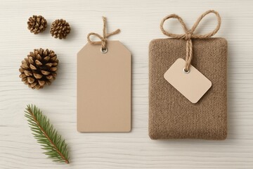 Rustic holiday flat lay with a naturally wrapped Christmas gift, blank kraft paper tags for mockup, and pine cone decorations on a white wood background.