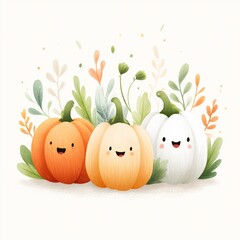 Cute Cartoon Pumpkins with Smiling Faces &ndash; Autumn Illustration on White Background
