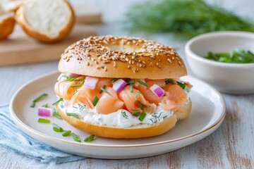 Everything Bagel with Smoked Salmon, Cream Cheese, and Fresh Herbs &ndash; Close-Up