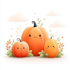 Cute Cartoon Pumpkins with Smiling Faces &ndash; Autumn Illustration on White Background