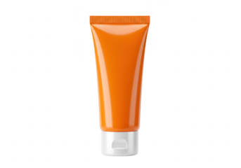 An orange tube of sunscreen or cream stands upright on a transparent background