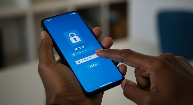 Dark-skinned hand entering password on blue smartphone screen with Face ID lock