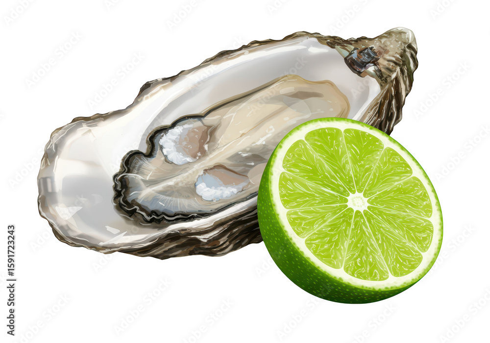 Poster a fresh oyster in its shell served with a vibrant slice of lime, ready to be enjoyed isolated on tra