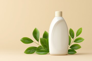 Minimalist White Detergent Bottle with Green Leaves on Beige Background