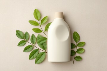 Minimalist White Detergent Bottle with Green Leaves on Beige Background