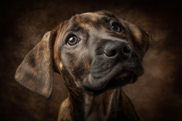 Obraz premium An adorable brindle puppy gazes up with a curious and sweet expression.