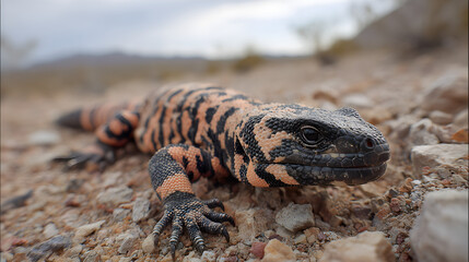 Gila Monster on the desert floor, rocky and textured terrain