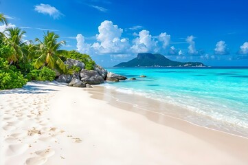 Tropical Paradise: A stunning tropical beach scene with crystal-clear turquoise water, pristine white sand, lush greenery and a distant island bathed in sunlight.