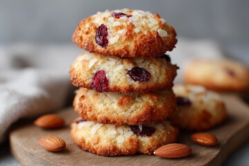 Stack of Keto Coconut Almond Cookies with Red Berries &ndash; Close-Up