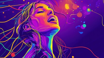 Euphoric woman experiencing a vibrant, surreal sonic landscape illustration