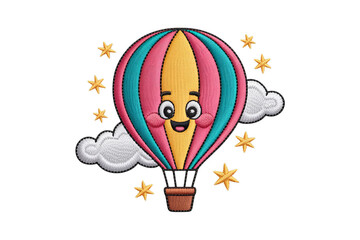 Cheerful hot air balloon with stars and clouds embroidered