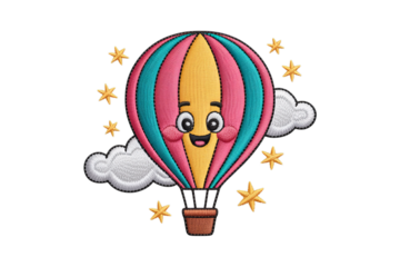 Cheerful hot air balloon with stars and clouds embroidered