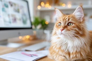 Fluffy Maine Coon Cat Sitting on Office Desk Next to Computer Monitor