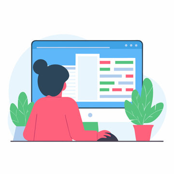 Flat vector illustration of a woman working at a computer with code on the screen. Ideal for programming blogs, tech tutorials, software development platforms, and remote work visuals.