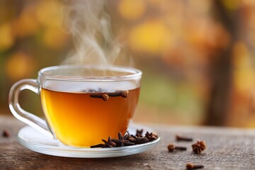 Hot Clove Tea in a Glass Cup with Star Anise on Wooden Table