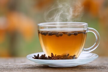 Hot Clove Tea in a Glass Cup with Star Anise on Wooden Table