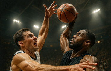 Intense dunk moment through heavy defense in dramatic basketball match scene. Concept of athletic struggle, scoring under pressure, team rivalry, emotional impact, pro-level sports action.