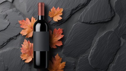 Red Wine Bottle Mockup with Blank Label and Grapes on Slate Background