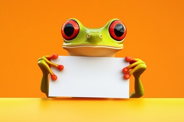 3D Cartoon Red-Eyed Tree Frog Holding Blank Sign on Bright Orange Background