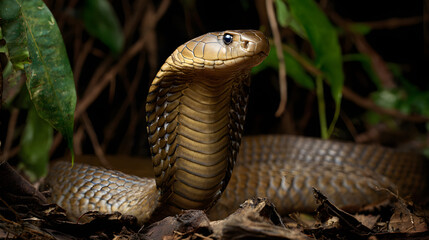 Fototapeta premium King Cobra coiling in the jungle, striking pose, intense focus