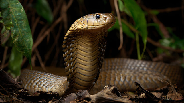 King Cobra coiling in the jungle, striking pose, intense focus