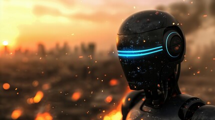 Futuristic Humanoid AI Robot with Glowing Blue Eyes in Fiery Battlefield