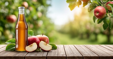 Chilled Apple Juice Bottle with Fresh Red Apples on Wooden Table in Orchard